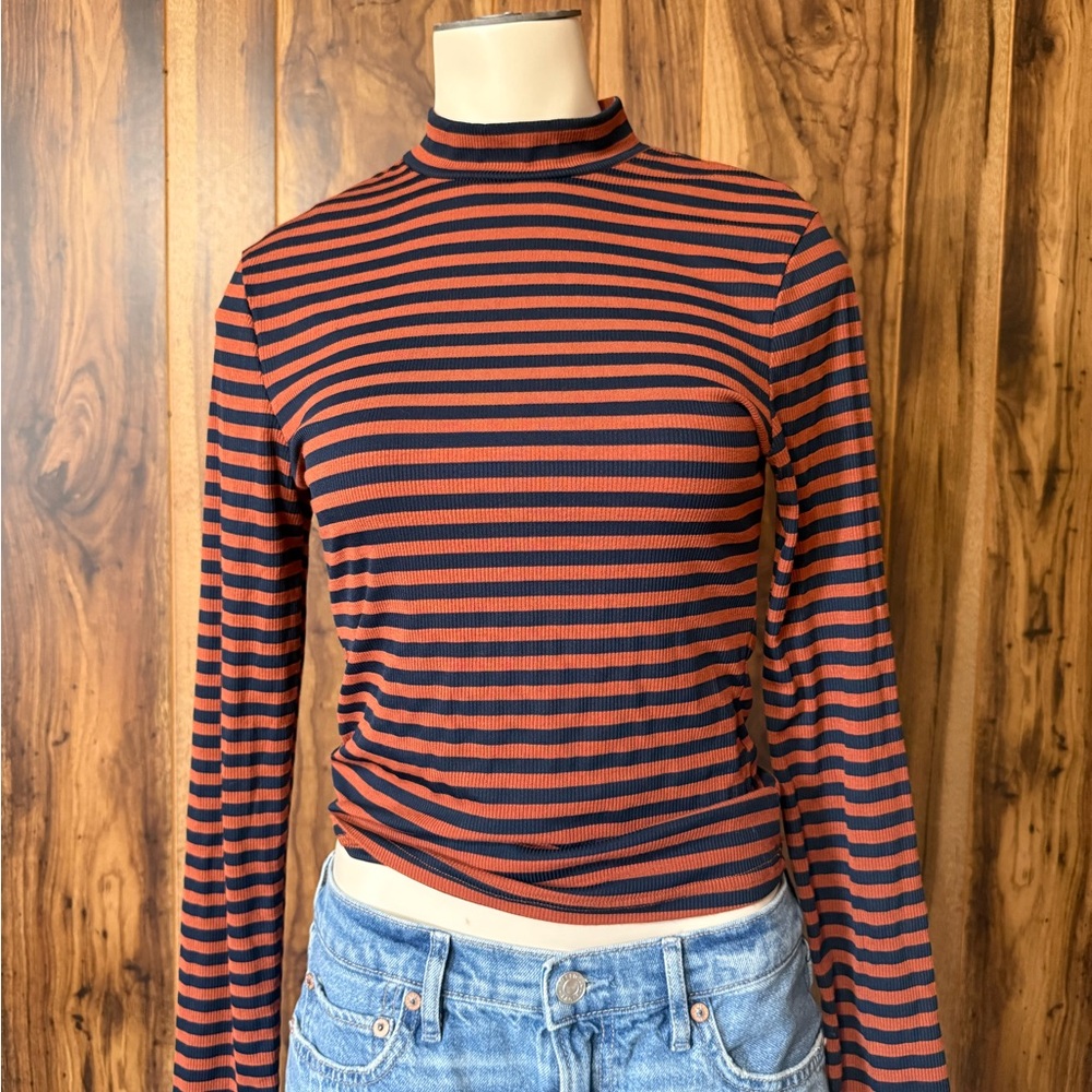 Striped Long Sleeve mock neck - Navy and Orange